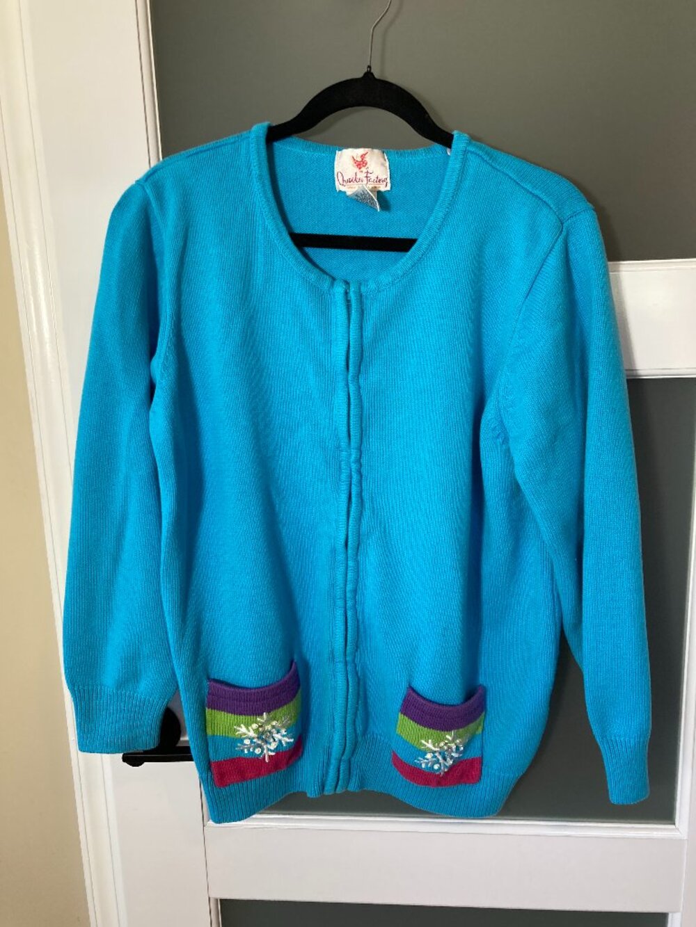 VTG Quacker Factory Turquoise Snowflake Zip-up Cardigan Sweater XL Grandmacore